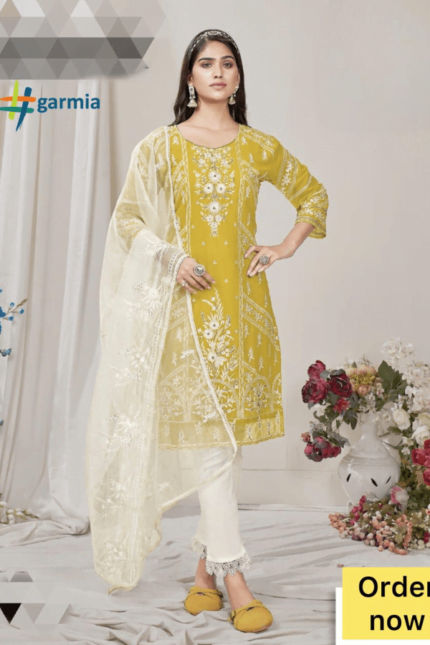 Yellow & white COLOR STITCHED SALWAR SUIT - SK0071
